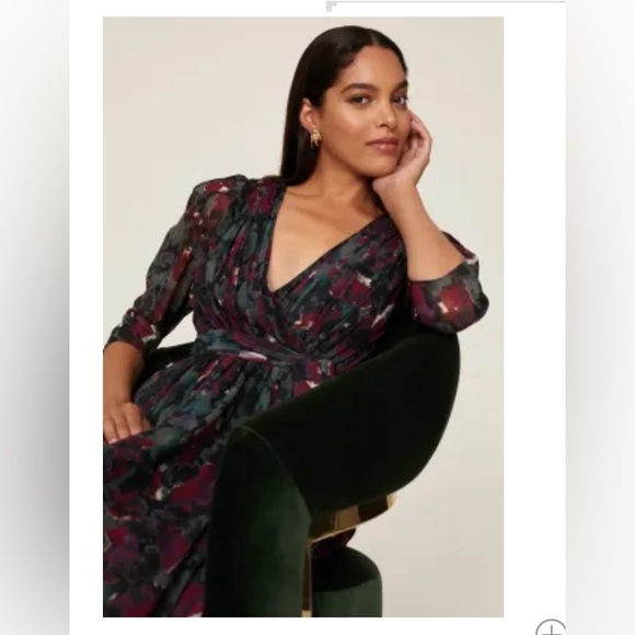 Badgley Mischka Pleated Ruffle Floral Gown, Long Sleeve Maxi Dress - Picture 4 of 10